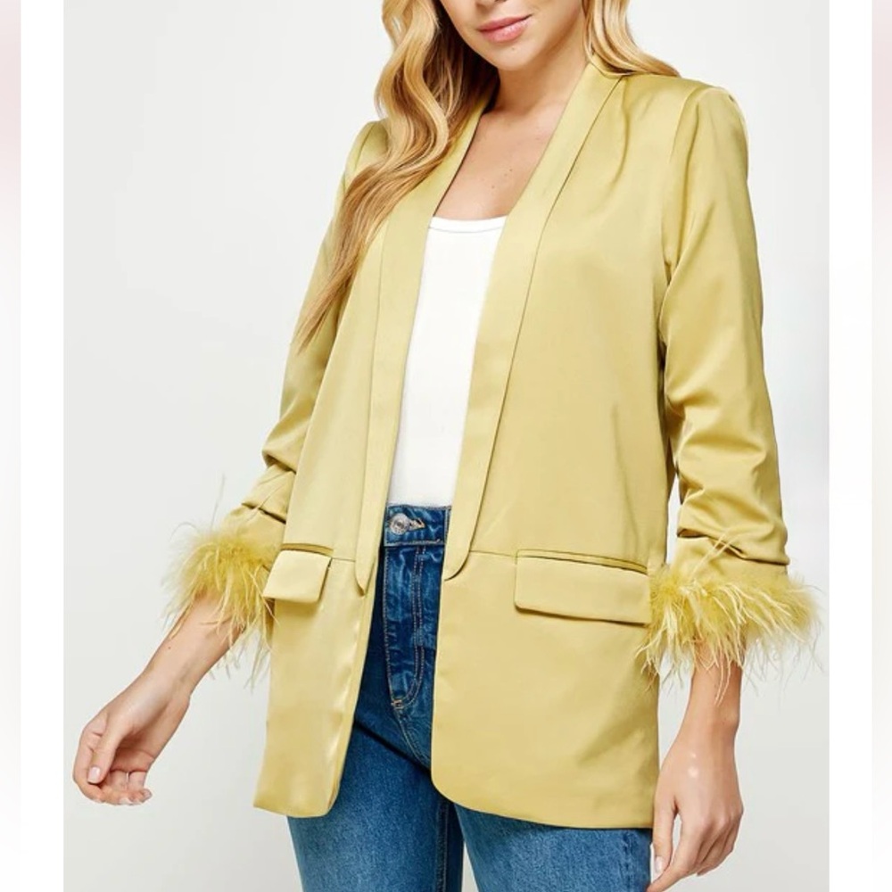 feather trim satin blazer size M
